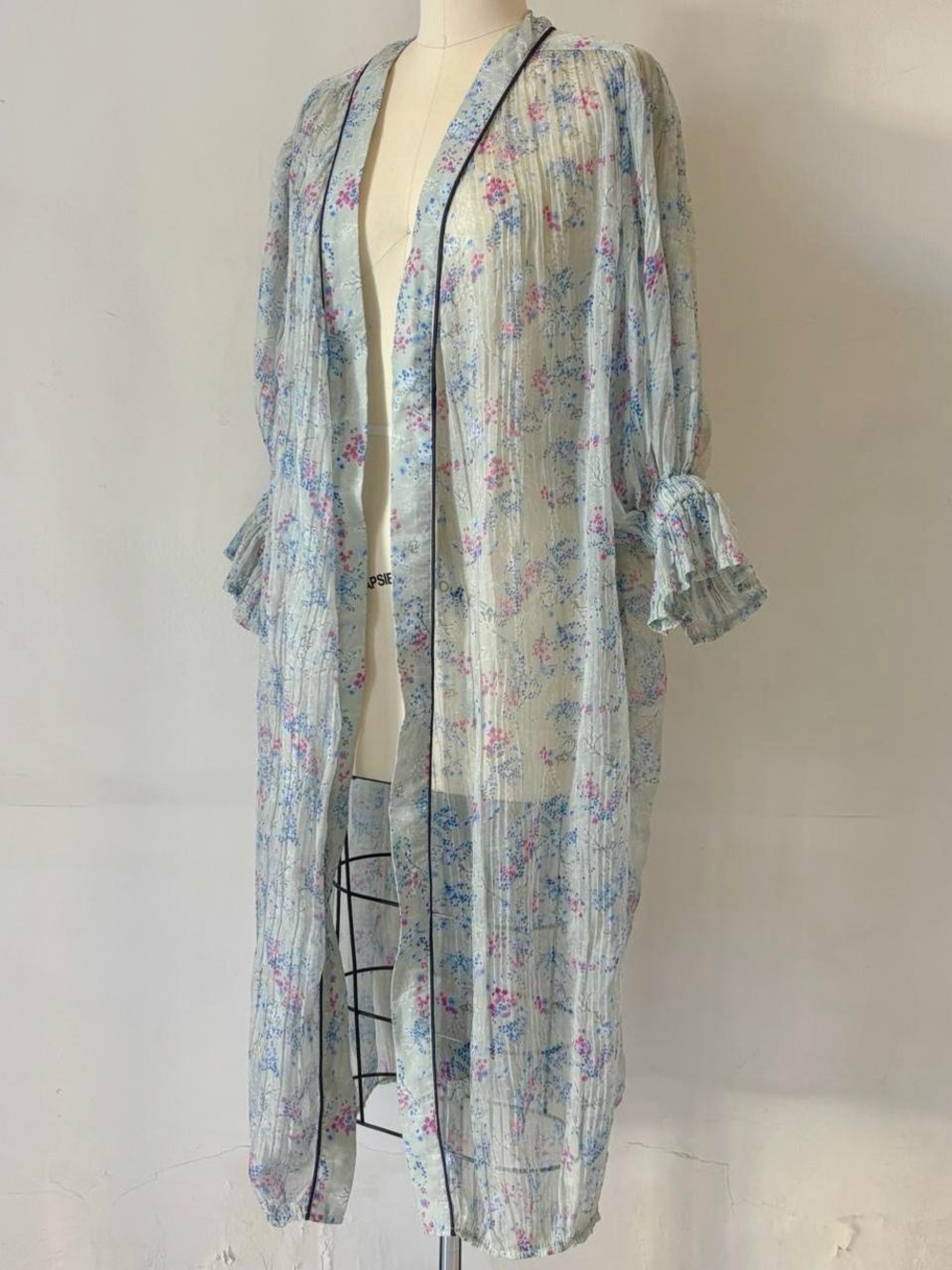 Sheer Floral Long Robe - Blue & Pink